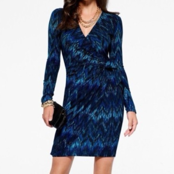 Vintage Cache Teal Gold Blue Knit Faux Wrap Midi Dress Women’s Size Medium M Med - Picture 13 of 13